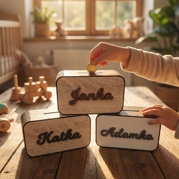 Dřevěná 3D pokladnička se jménem nebo nápisem