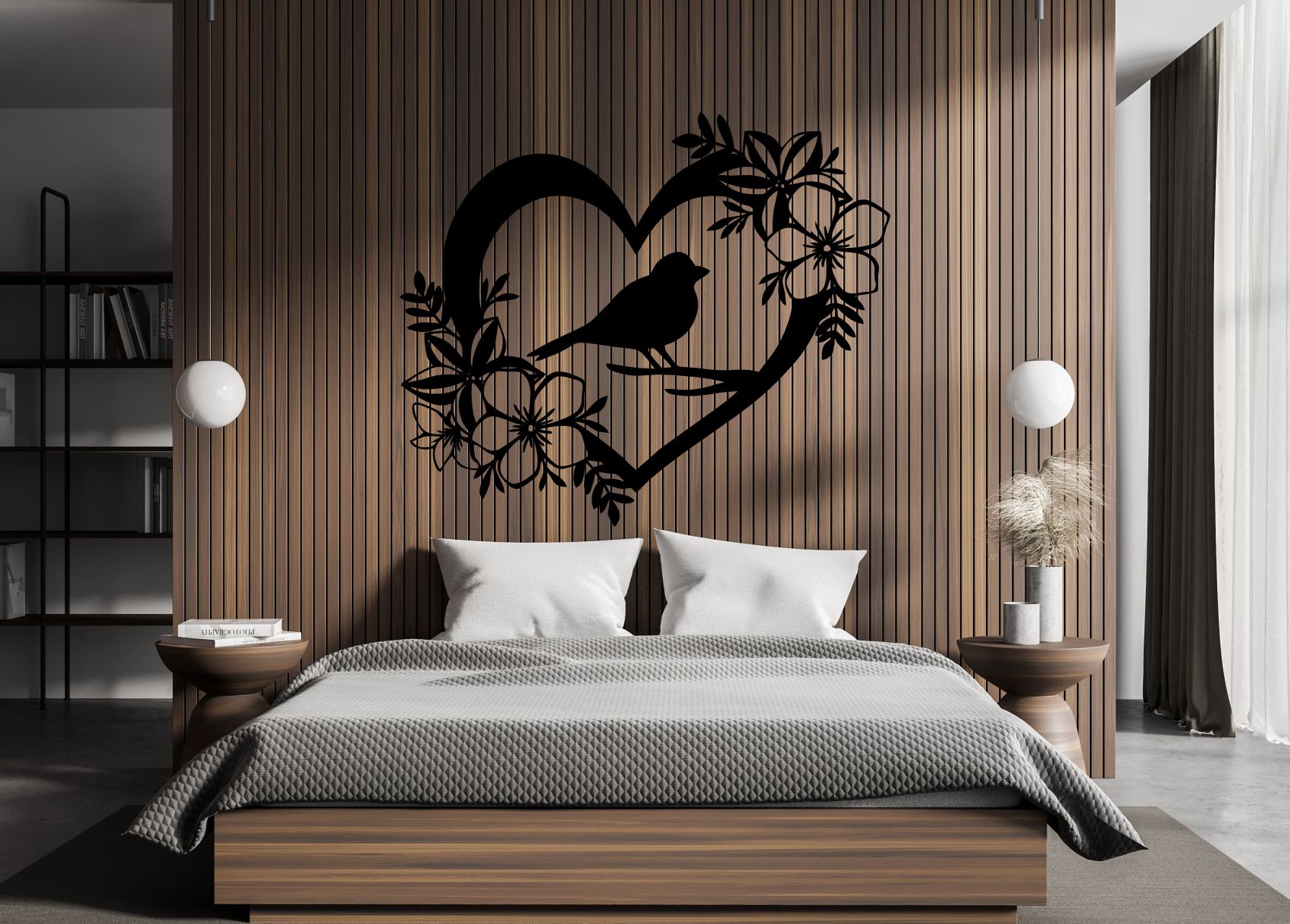 Dřevěný obraz – Srdce s ptáčkem a květinami