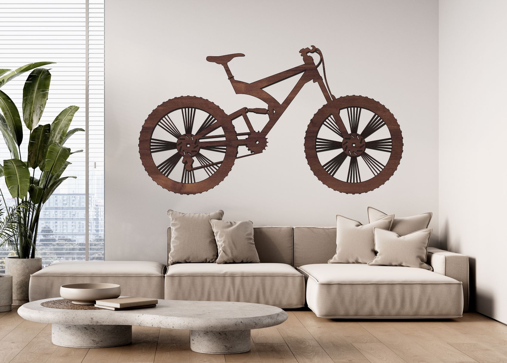 Dřevěný obraz - silueta horského kola na zeď