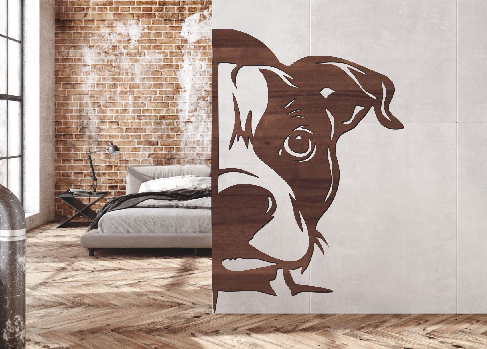 Dřevěný obraz – Pejsek vykukující zpoza rohu