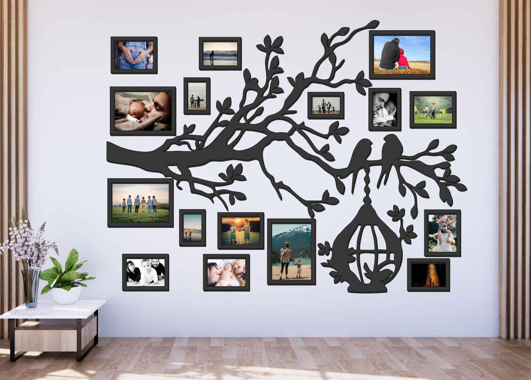 Dřevěný fotorámeček na zeď – Rodinný strom s ptáčky