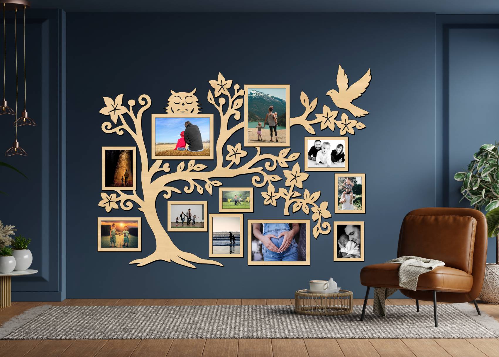 Dřevěný fotorámeček na zeď – Rodinný strom se sovičkou a ptáčkem