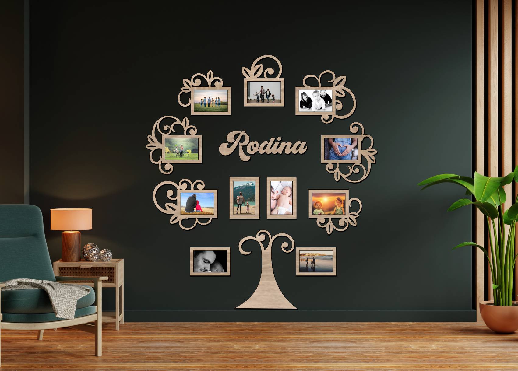 Dřevěný fotorámeček na zeď – Rodinný strom s nápisem