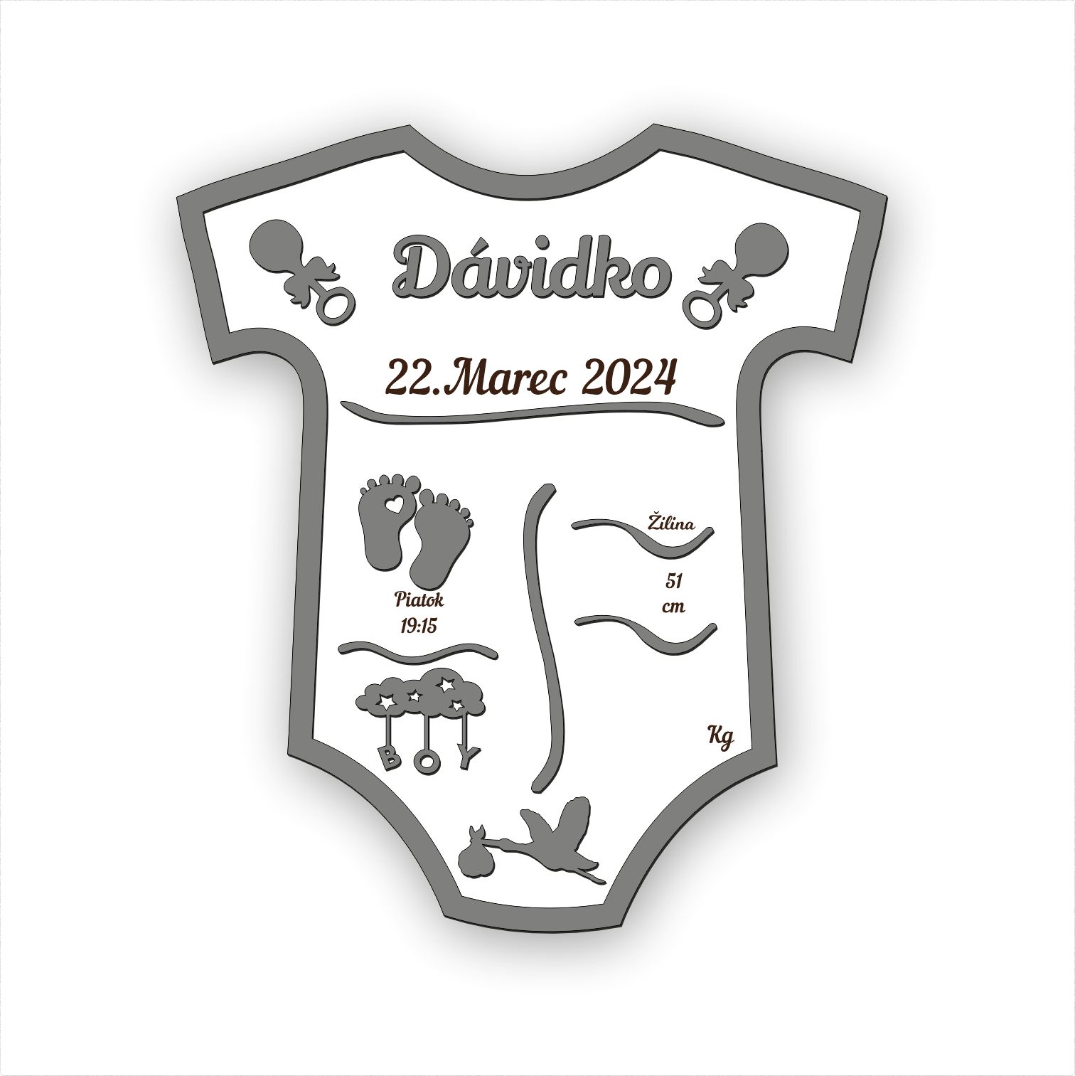 Dřevěná tabulka k narození dítěte - Šedé body s údaji o narození