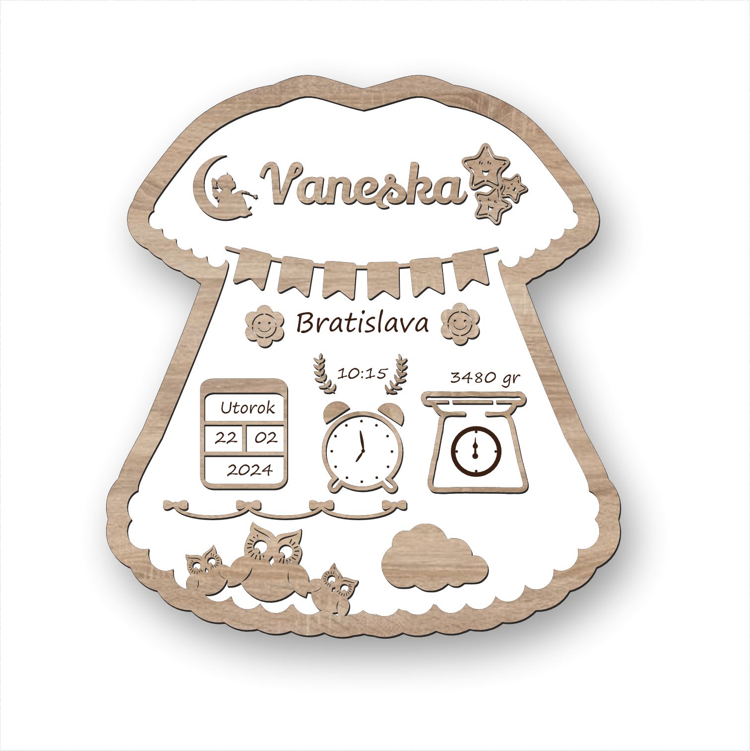 Dřevěná tabulka k narození dítěte - Šaty s údaji o narození