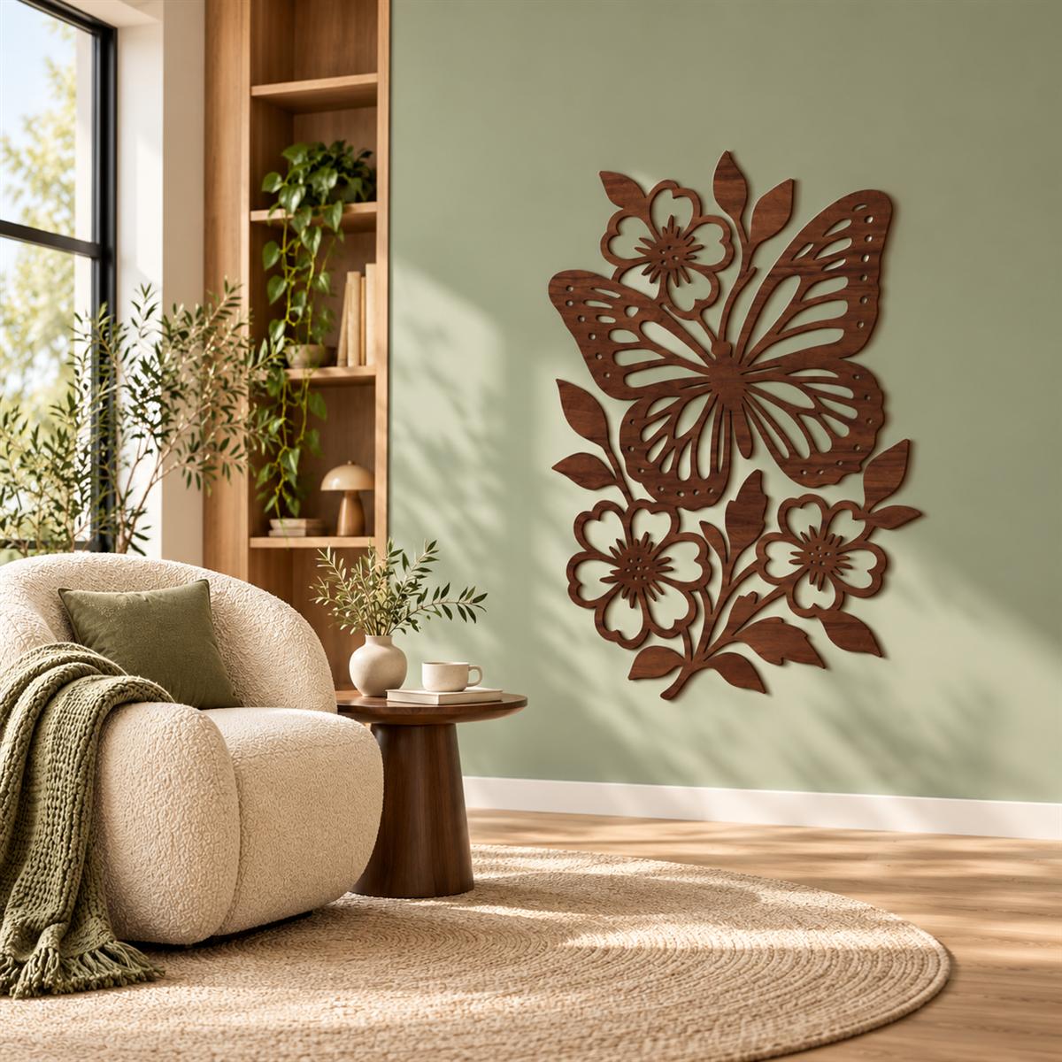 Dřevěný obraz na stěnu – Květiny s motýlem