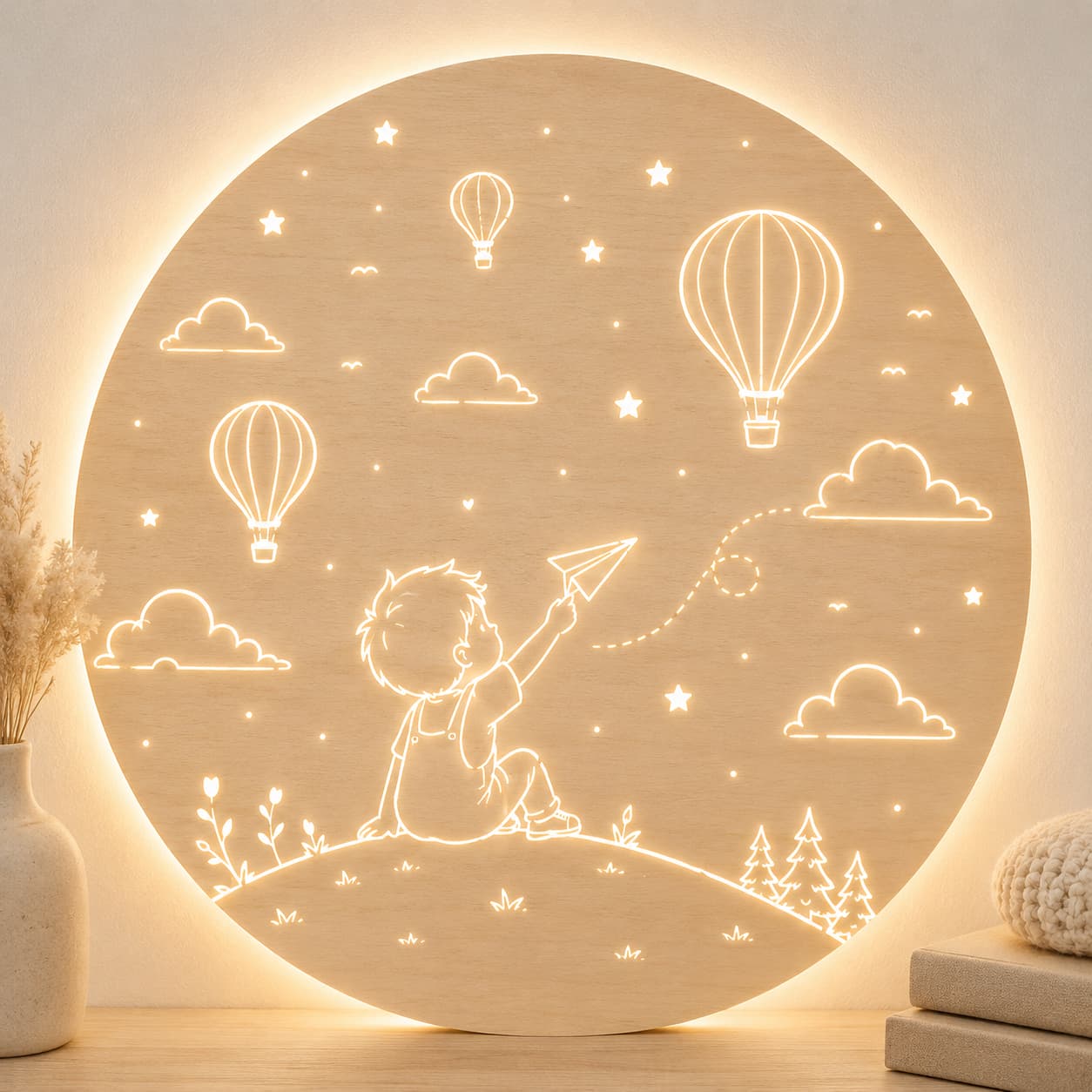 Dřevěná LED lampa pro chlapce - Letadélko a balóny