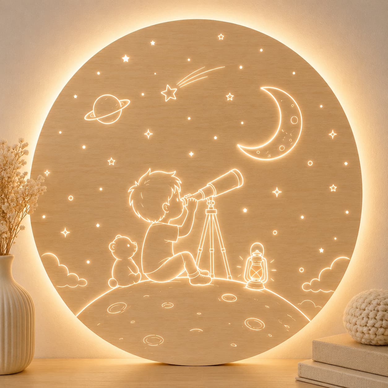 Dřevěná LED lampa pro chlapce - Chlapec s teleskopem