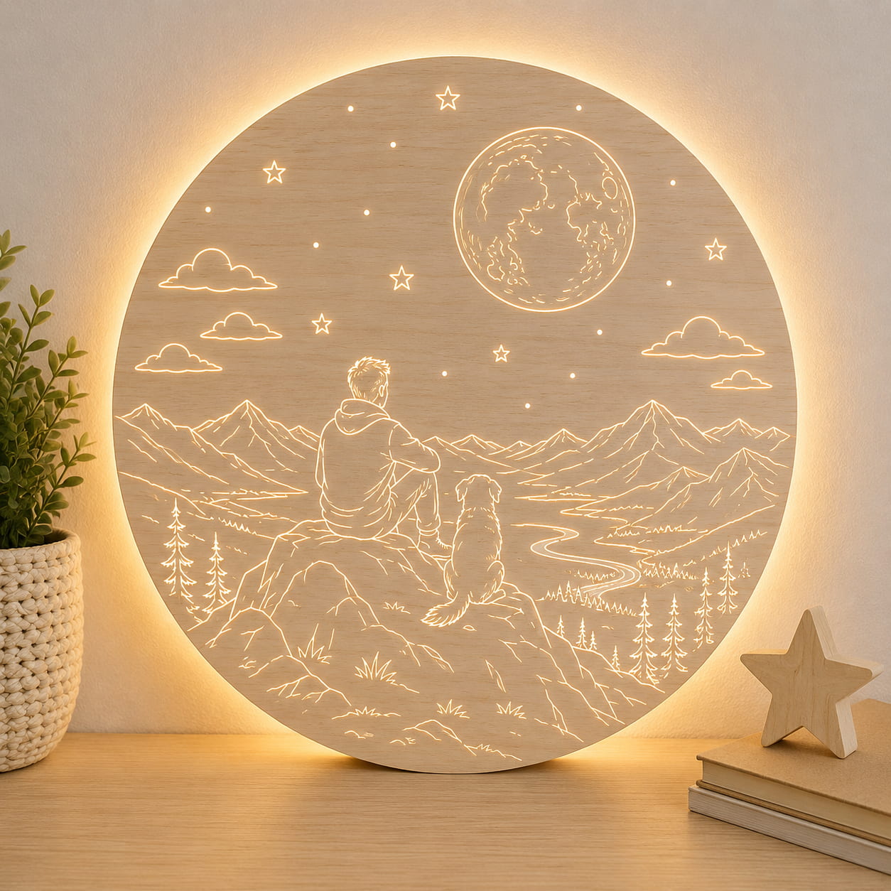 Dřevěná LED lampa - Muž se psem v horách pod měsícem