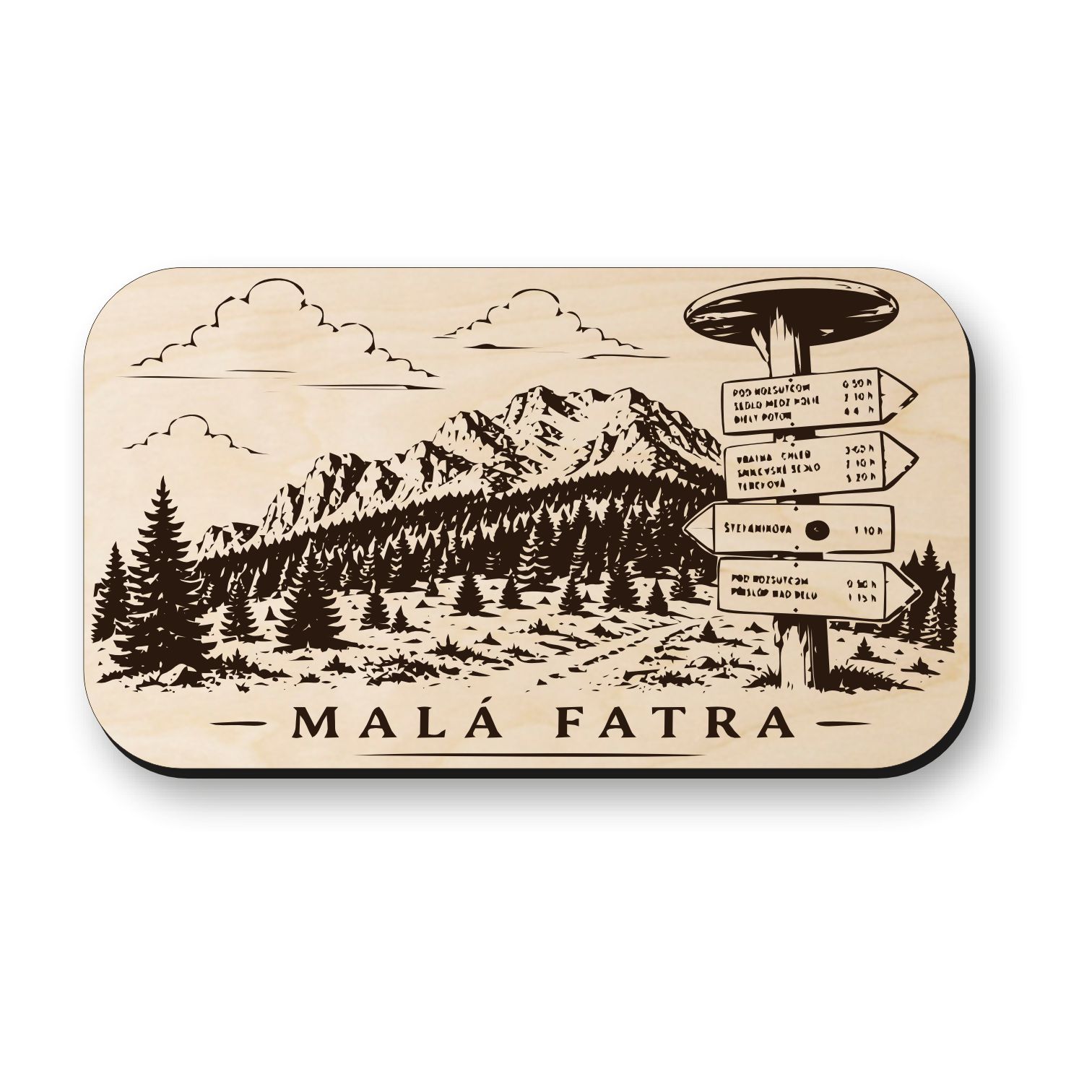 Dřevěná magnetka Malá Fatra - turistický rozcestník a horská krajina