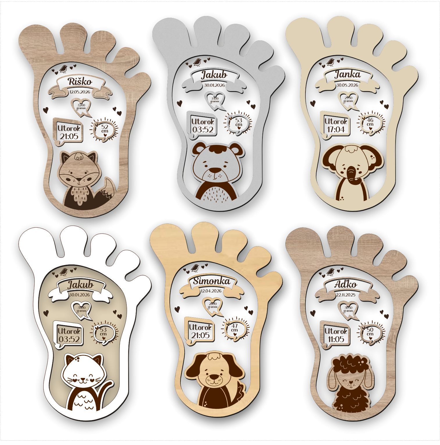 Dřevěná tabulka narození dítěte - Otisk nožičky se zvířátkem