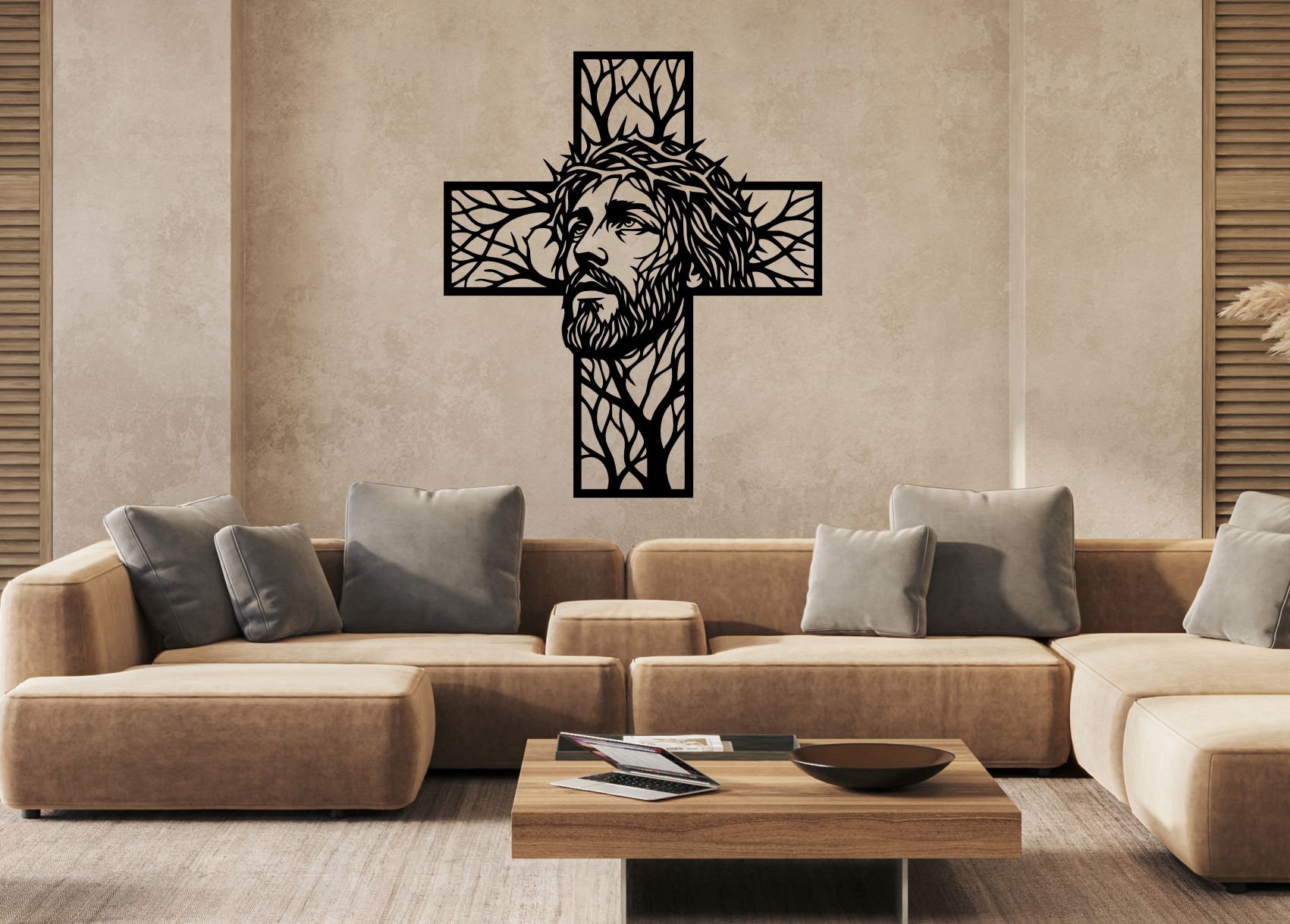 Dřevěný obraz na zeď - Ježíš s trnovou korunou v kříži