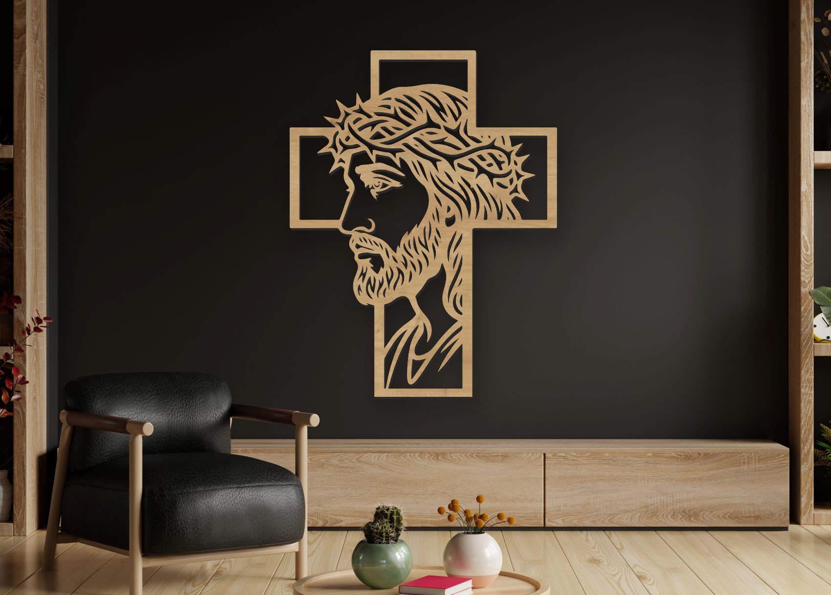 Dřevěný obraz na zeď - Ježíš na kříži profil dřevo