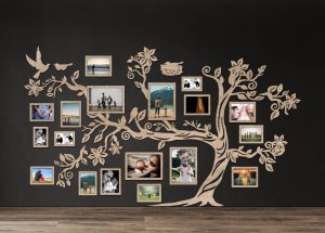 Dřevěný fotorámeček na zeď – Rodinný strom s ptáčky