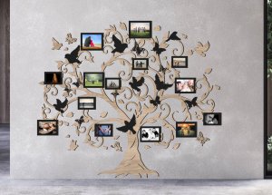 Dřevěný fotorámeček na zeď – Rodinný strom s ptáčky a motýly