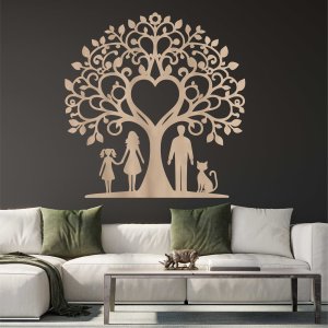 Rodinný strom ze dřeva na zeď - táta, máma, dcera a kočka