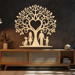 Rodinný strom ze dřeva na zeď - táta, máma, syn a pes