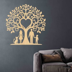 Rodinný strom ze dřeva na zeď - máma, táta, syn a kočka