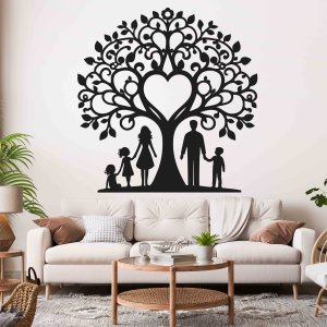 Rodinný strom ze dřeva na zeď - maminka, tatínek, dvě dcery a syn