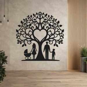 Rodinný strom ze dřeva na zeď - máma, táta, syn a kočárek