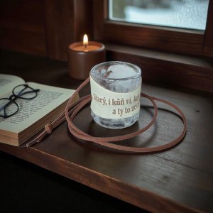 Skleněný panák s koženým obalem – Starý, i kůň ví, kdy má dost, a ty to nevíš