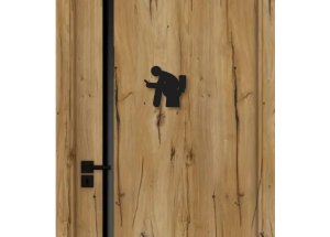 Dřevěná tabulka na WC - muž s mobilem