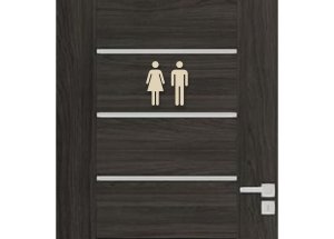 Dřevěná tabulka na WC - žena a muž symbol