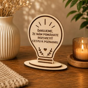 Dřevěné ocenění s vlastním textem - Žárovka poznání