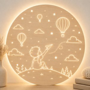 Dřevěná LED lampa pro chlapce - Letadélko a balóny