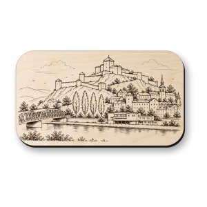 Dřevěná magnetka Trenčín - panorama města a hradu