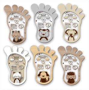 Dřevěná tabulka narození dítěte - Otisk nožičky se zvířátkem