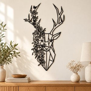 Dřevěný obraz na zeď – Geometrický jelen s květinami