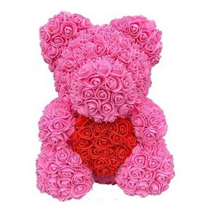 Medvídek z růží - růžový se srdcem 40 cm