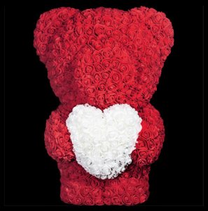 Medvídek z růží - Tmavě červená se srdcem 40 cm