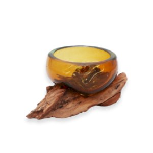 Tavené sklo na dřevě - Mini jantarová miska