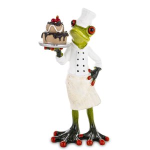 Keramická žabka – veselý cukrář s dortem