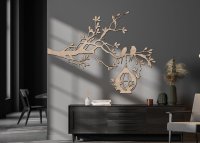 Dřevěný obraz – Větev s ptáky a krmítkem