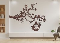 Dřevěný obraz – Větev s ptáky a krmítkem