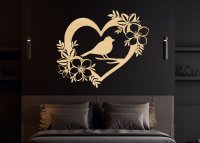 Dřevěný obraz – Srdce s ptáčkem a květinami