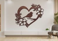 Dřevěný obraz – Srdce s ptáčkem a květinami