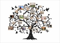 Dřevěný fotorámeček na zeď – Rodinný strom s ptáčky a motýly