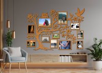 Dřevěný fotorámeček na zeď – Rodinný strom se sovičkou a ptáčkem