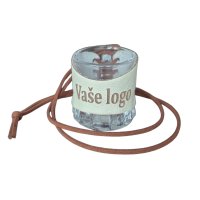 Skleněný panák s koženým obalem – Vaše logo (Přečtěte si popis – důležité pro objednávku!)