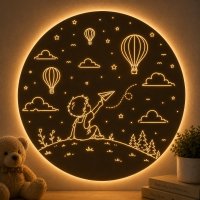 Dřevěná LED lampa pro chlapce - Letadélko a balóny