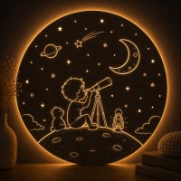 Dřevěná LED lampa pro chlapce - Chlapec s teleskopem