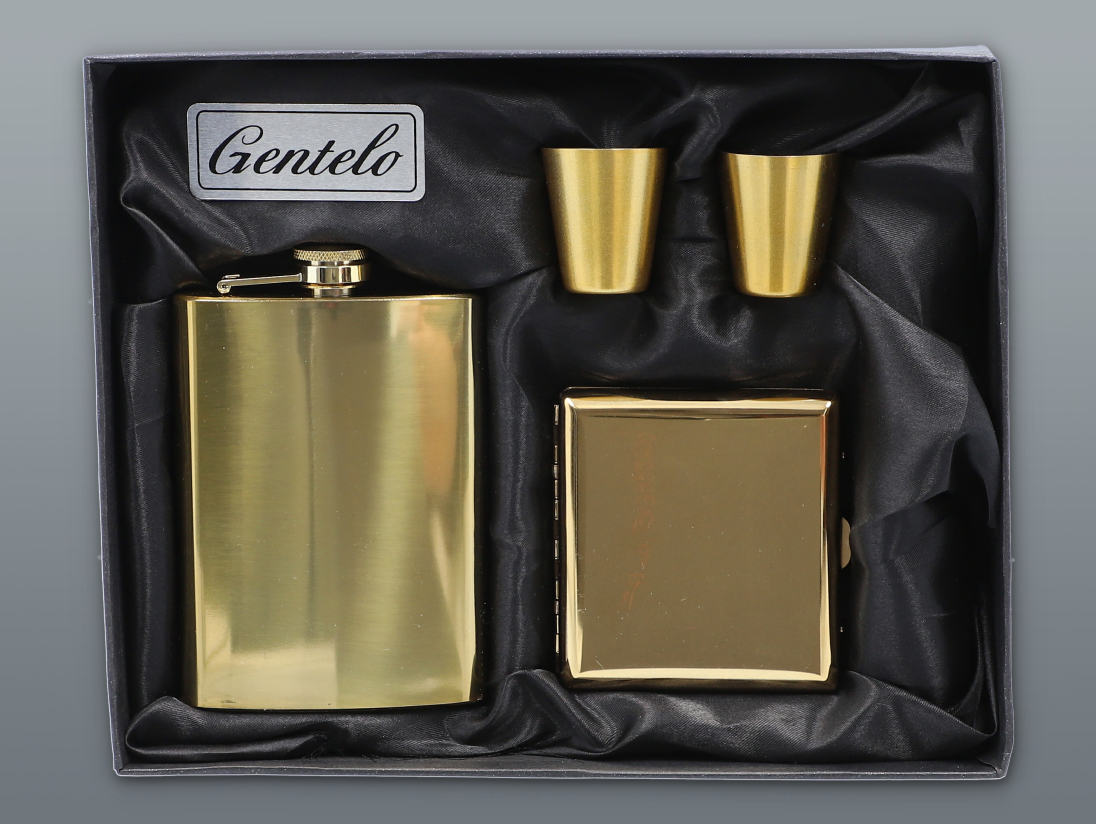 Souprava GENTLEMAN nerezová placatka 240 ml s tabatěrkou + 2ks štamprliček 30 ml